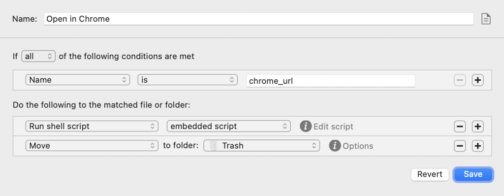 Screenshot of the rule in Hazel. When name is "chrome_url", run an embedded shell script and move the file to the trash.